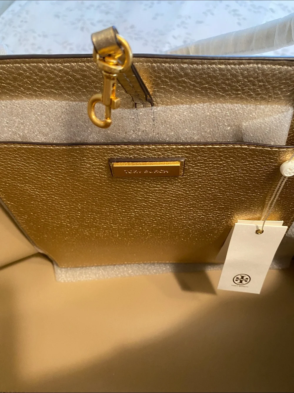 NWT Tory Burch Metallic Gold Leather Tote with Tassel Charm